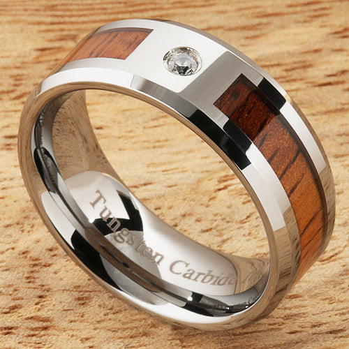 8mm Natural Hawaiian Koa Wood Inlaid Tungsten with CZ Beveled Edge Wedding Ring