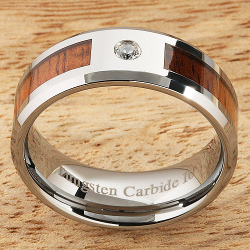 8mm Natural Hawaiian Koa Wood Inlaid Tungsten with CZ Beveled Edge Wedding Ring