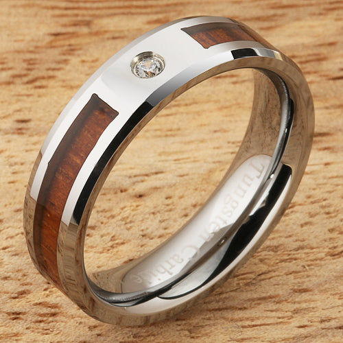 6mm Natural Hawaiian Koa Wood Inlaid Tungsten with CZ Beveled Edge Wedding Ring