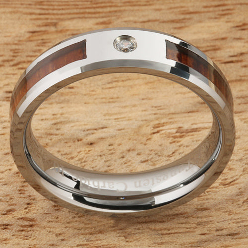 6mm Natural Hawaiian Koa Wood Inlaid Tungsten with CZ Beveled Edge Wedding Ring