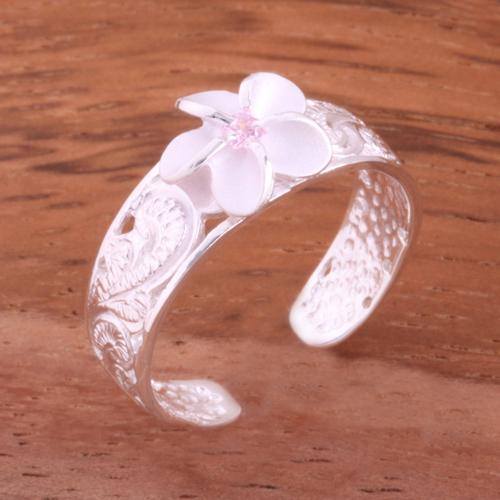Hawaiian Scroll See Through 8mm Plumeria with Clear CZ Toe Ring