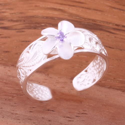 Hawaiian Scroll See Through 8mm Plumeria with Clear CZ Toe Ring