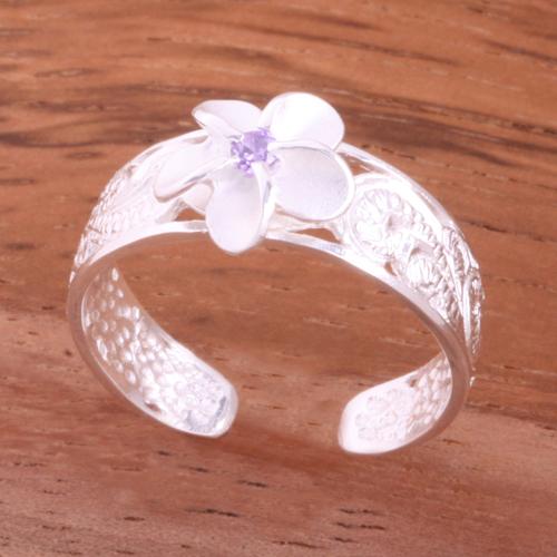 Hawaiian Scroll See Through 8mm Plumeria with Clear CZ Toe Ring