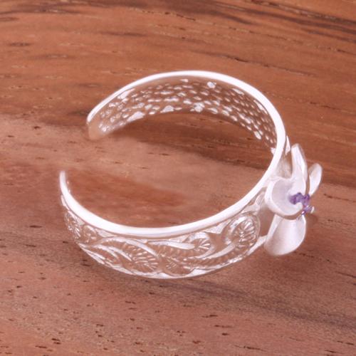 Hawaiian Scroll See Through 8mm Plumeria with Clear CZ Toe Ring