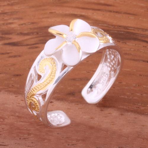 Hawaiian Scroll See Through 8mm Plumeria with Clear CZ Toe Ring