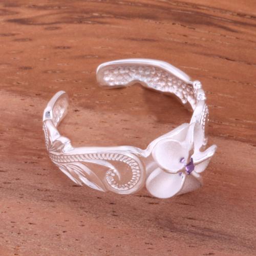 Hawaiian Scroll 8mm Plumeria with Clear CZ Cut Out Edge Toe Ring