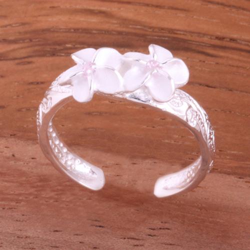 Hawaiian Scroll Two 6mm Plumeria with Clear CZ Smooth Edge Toe Ring
