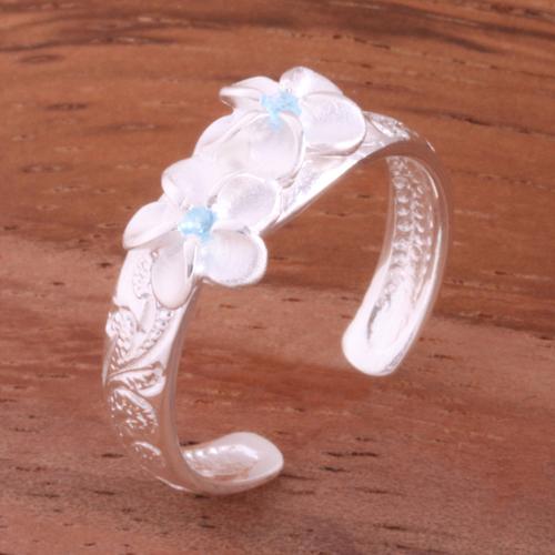 Hawaiian Scroll Two 6mm Plumeria with Clear CZ Smooth Edge Toe Ring