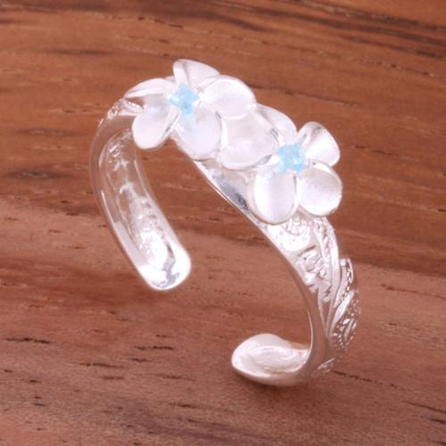 Hawaiian Scroll Two 6mm Plumeria with Clear CZ Smooth Edge Toe Ring