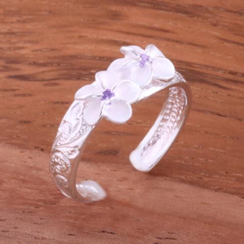 Hawaiian Scroll Two 6mm Plumeria with Clear CZ Smooth Edge Toe Ring