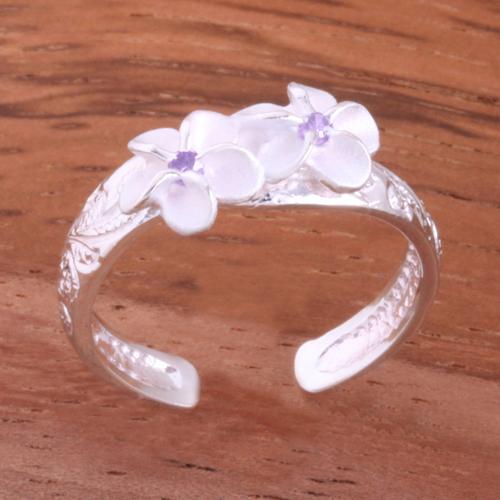 Hawaiian Scroll Two 6mm Plumeria with Clear CZ Smooth Edge Toe Ring