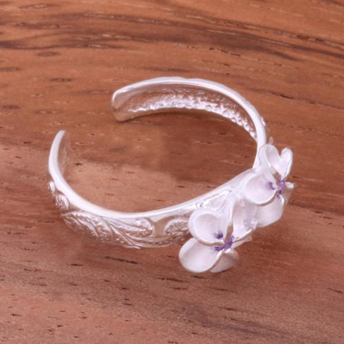 Hawaiian Scroll Two 6mm Plumeria with Clear CZ Smooth Edge Toe Ring