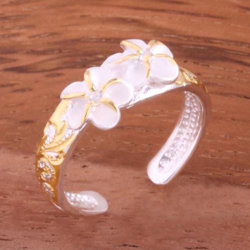 Hawaiian Scroll Two 6mm Plumeria with Clear CZ Smooth Edge Toe Ring