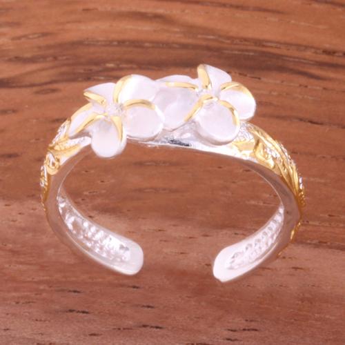 Hawaiian Scroll Two 6mm Plumeria with Clear CZ Smooth Edge Toe Ring