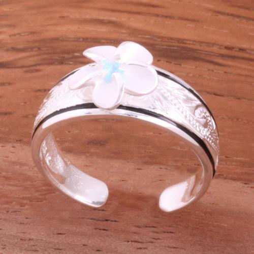 Hawaiian Scroll Black Border 8mm Plumeria with Clear CZ Smooth Edge Toe Ring