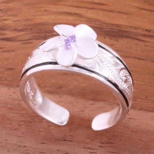 Hawaiian Scroll Black Border 8mm Plumeria with Clear CZ Smooth Edge Toe Ring