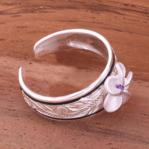 Hawaiian Scroll Black Border 8mm Plumeria with Clear CZ Smooth Edge Toe Ring
