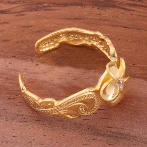 Hawaiian Scroll Yellow Gold Plated 8mm Plumeria with Clear CZ Cut Out Edge Toe Ring