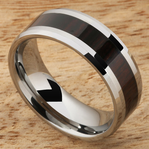 8mm Cocobolo (Red Wood) Inlaid Tungsten Beveled Edge Wedding Ring