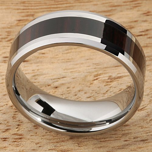 8mm Cocobolo (Red Wood) Inlaid Tungsten Beveled Edge Wedding Ring