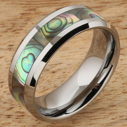 8mm Abalone Shell Inlaid Tungsten Beveled Edge Wedding Ring