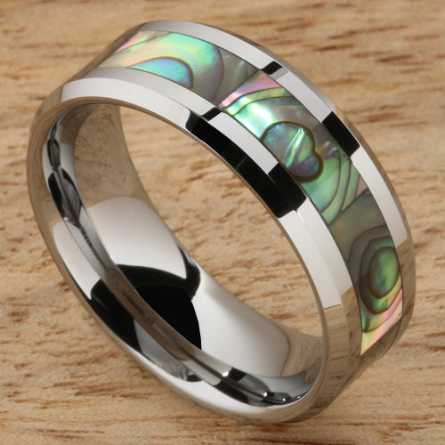 8mm Abalone Shell Inlaid Tungsten Beveled Edge Wedding Ring