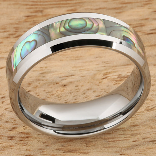 8mm Abalone Shell Inlaid Tungsten Beveled Edge Wedding Ring
