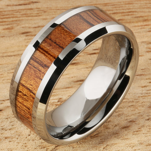 8mm Natural Hawaiian Koa Wood Inlaid Tungsten Beveled Edge Wedding Ring