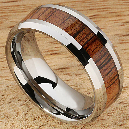 8mm Natural Hawaiian Koa Wood Inlaid Tungsten Beveled Edge Wedding Ring