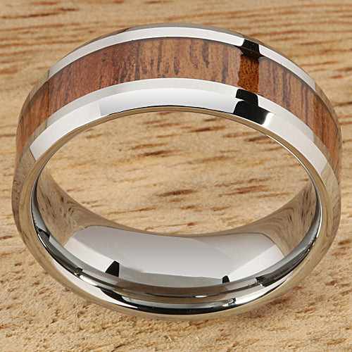 8mm Natural Hawaiian Koa Wood Inlaid Tungsten Beveled Edge Wedding Ring