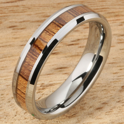 5mm Natural Hawaiian Koa Wood Inlaid Tungsten Beveled Edge Wedding Ring
