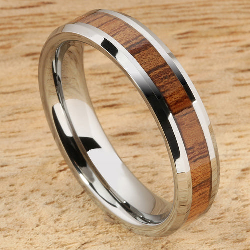 5mm Natural Hawaiian Koa Wood Inlaid Tungsten Beveled Edge Wedding Ring