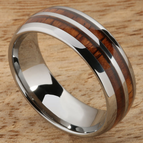 8mm Natural Hawaiian Koa Wood Inlaid Tungsten Double Row Wedding Ring