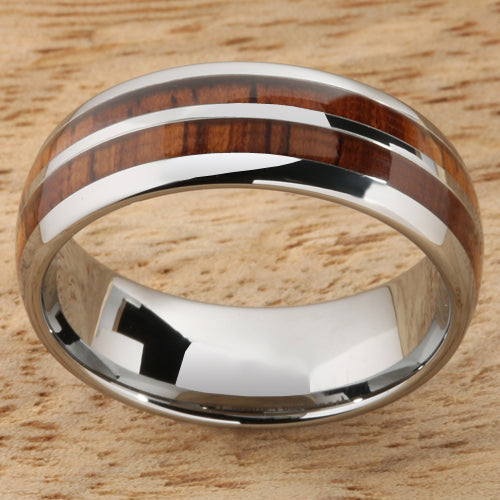 8mm Natural Hawaiian Koa Wood Inlaid Tungsten Double Row Wedding Ring