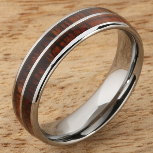 6mm Natural Hawaiian Koa Wood Inlaid Tungsten Double Row Wedding Ring