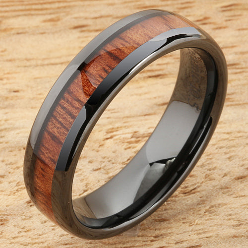 6mm Natural Hawaiian Koa Wood Inlaid High Tech Black Ceramic Oval Wedding Ring
