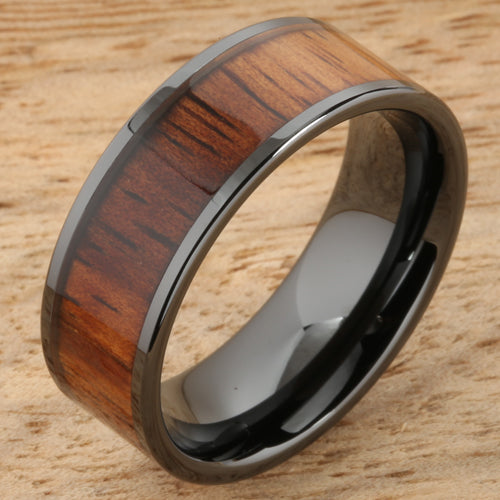 8mm Natural Hawaiian Koa Wood Inlaid High Tech Black Ceramic Flat Wedding Ring