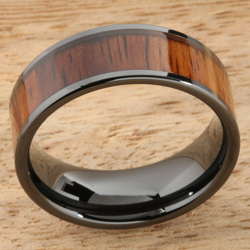8mm Natural Hawaiian Koa Wood Inlaid High Tech Black Ceramic Flat Wedding Ring