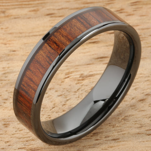 6mm Natural Hawaiian Koa Wood Inlaid High Tech Black Ceramic Flat Wedding Ring