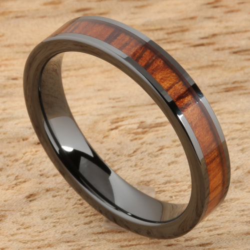 Natural Hawaiian Koa Wood Inlaid High Tech Black Ceramic Wedding Ring Flat 4mm Hawaiian Ring