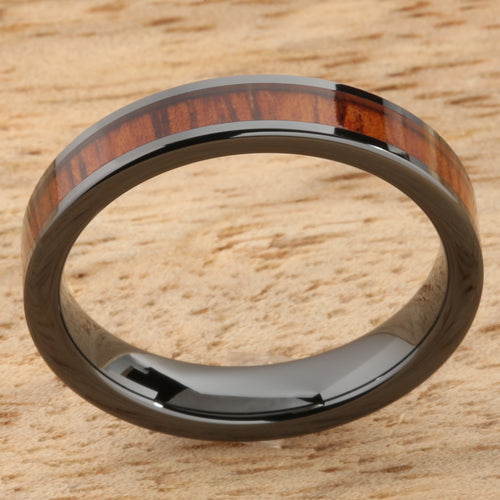 Natural Hawaiian Koa Wood Inlaid High Tech Black Ceramic Wedding Ring Flat 4mm Hawaiian Ring