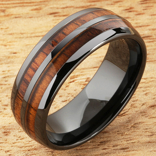 8mm Natural Hawaiian Koa Wood Inlaid High Tech Black Ceramic Double Row Wedding Ring