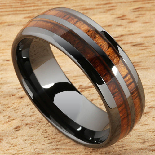 8mm Natural Hawaiian Koa Wood Inlaid High Tech Black Ceramic Double Row Wedding Ring
