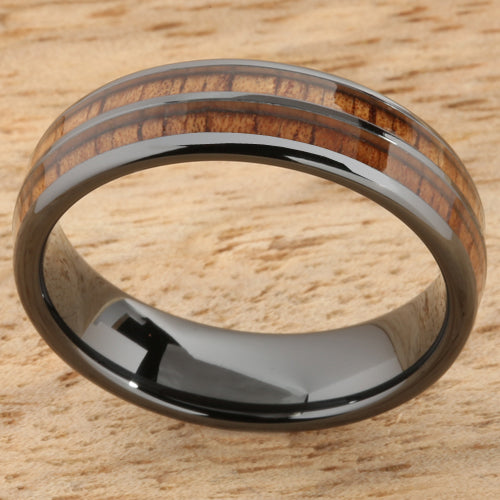 6mm Natural Hawaiian Koa Wood Inlaid High Tech Black Ceramic Double Row Wedding Ring
