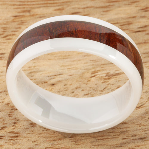 8mm Natural Hawaiian Koa Wood Inlaid High Tech White Ceramic Oval Wedding Ring