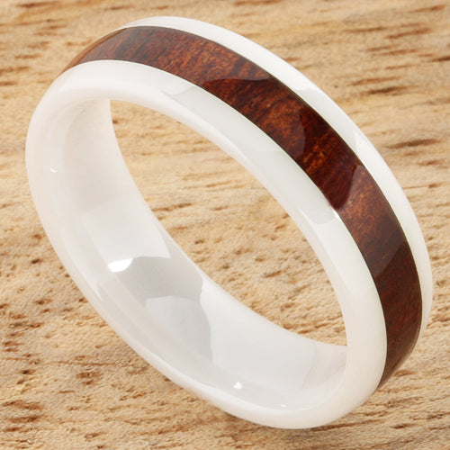 6mm Natural Hawaiian Koa Wood Inlaid High Tech White Ceramic Oval Wedding Ring