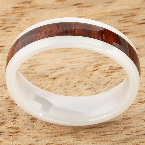 6mm Natural Hawaiian Koa Wood Inlaid High Tech White Ceramic Oval Wedding Ring