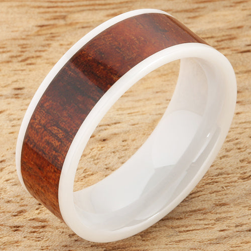 8mm Natural Hawaiian Koa Wood Inlaid High Tech White Ceramic Flat Wedding Ring