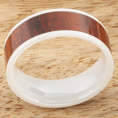 8mm Natural Hawaiian Koa Wood Inlaid High Tech White Ceramic Flat Wedding Ring