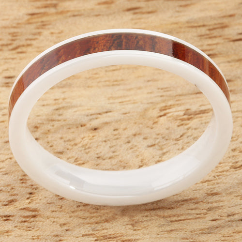 4mm Natural Hawaiian Koa Wood Inlaid High Tech White Ceramic Flat Wedding Ring
